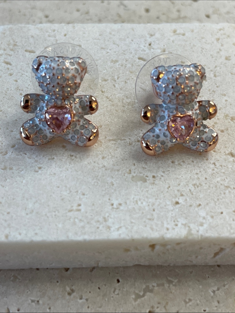Swarovski Rose Gold Teddy Bear Stud Earrings with Pink Heart